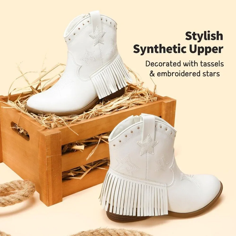 ⚡Girls White Cowgirl Ankle Western Boots Side Zipper Riding Shoes With Tassel